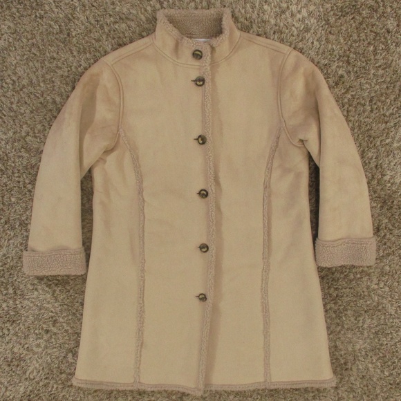 L.L.‎ Bean Vintage 90s Coat Women's Medium Petite Tan Faux Suede Sherpa Lined - Picture 1 of 6